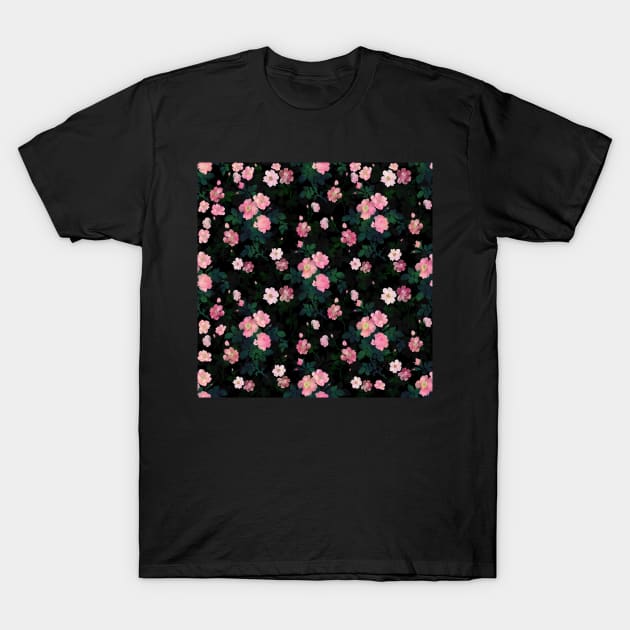 Romantic Black Pink Roses Floral Watercolor Painting T-Shirt by NdesignTrend